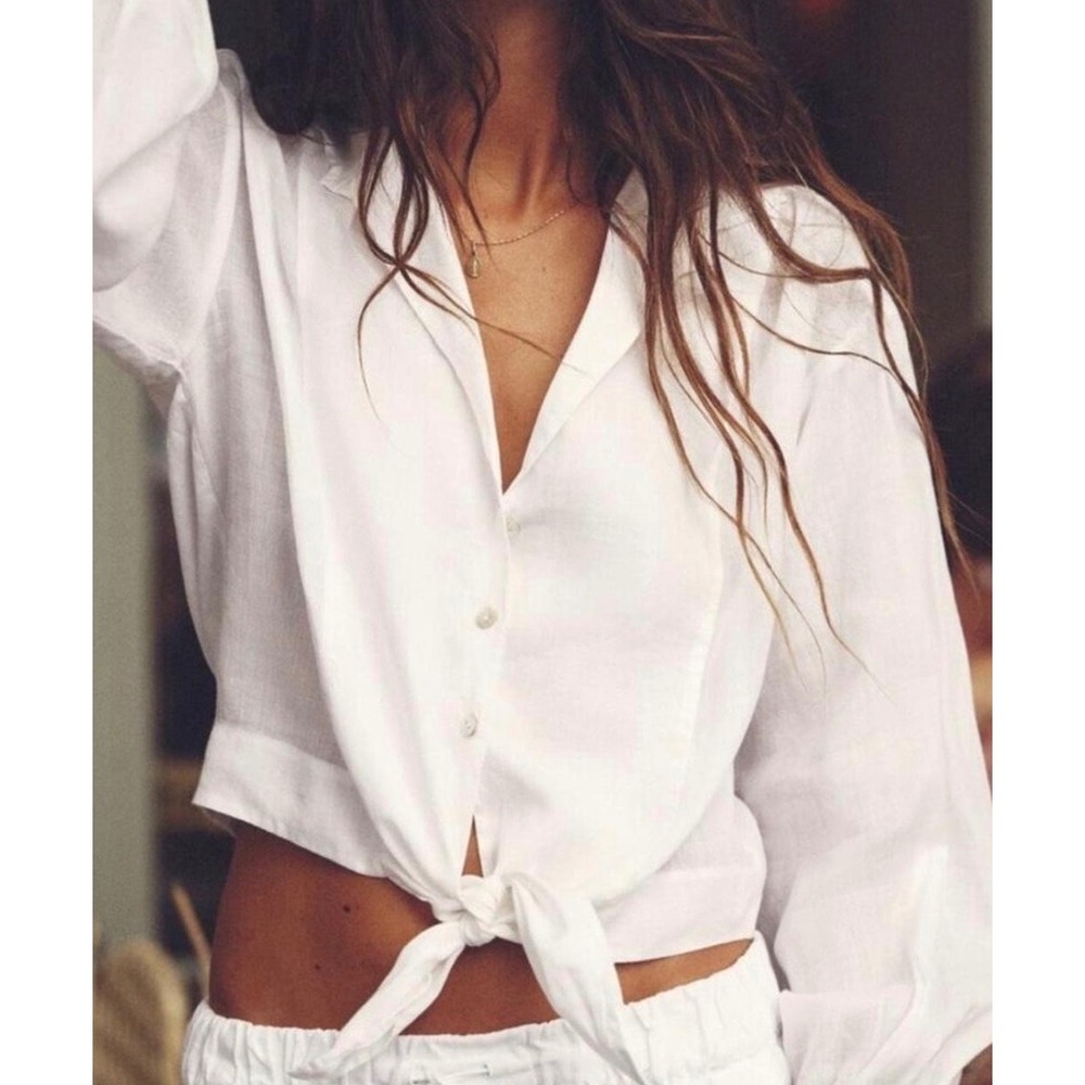 Zara White Ramie Tie Front Crop Blouse Ruffle Cuff Long Sleeve L Boho Feminine - Picture 2 of 13